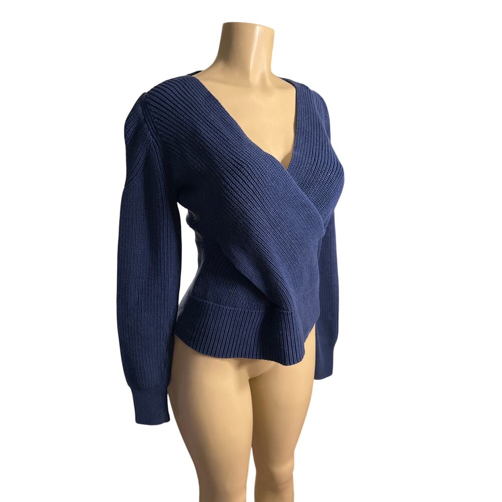 Women M Tome NYC Merino Wool Crossover Knit Wrap Sweater Blue Long Slv Ribbed